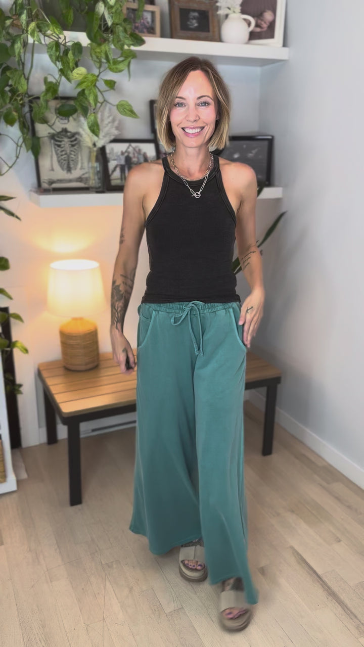 Solana Washed French Terry Wide Leg Pant- TEAL