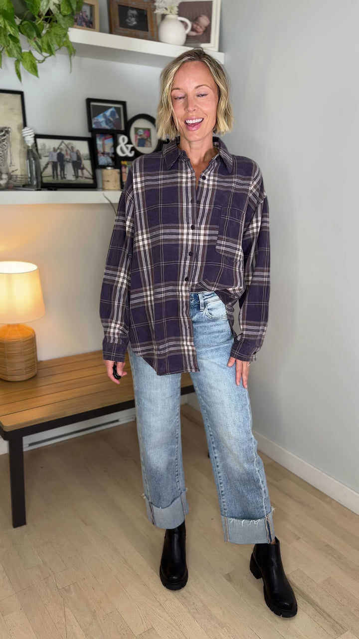Hartleigh Washed Cotton Plaid Button Down- NAVY MULTI