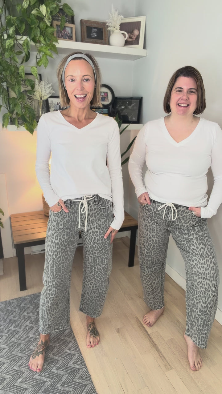 Vervet Dottie High Rise Leopard Print Barrel Jeans- GREY LEOPARD