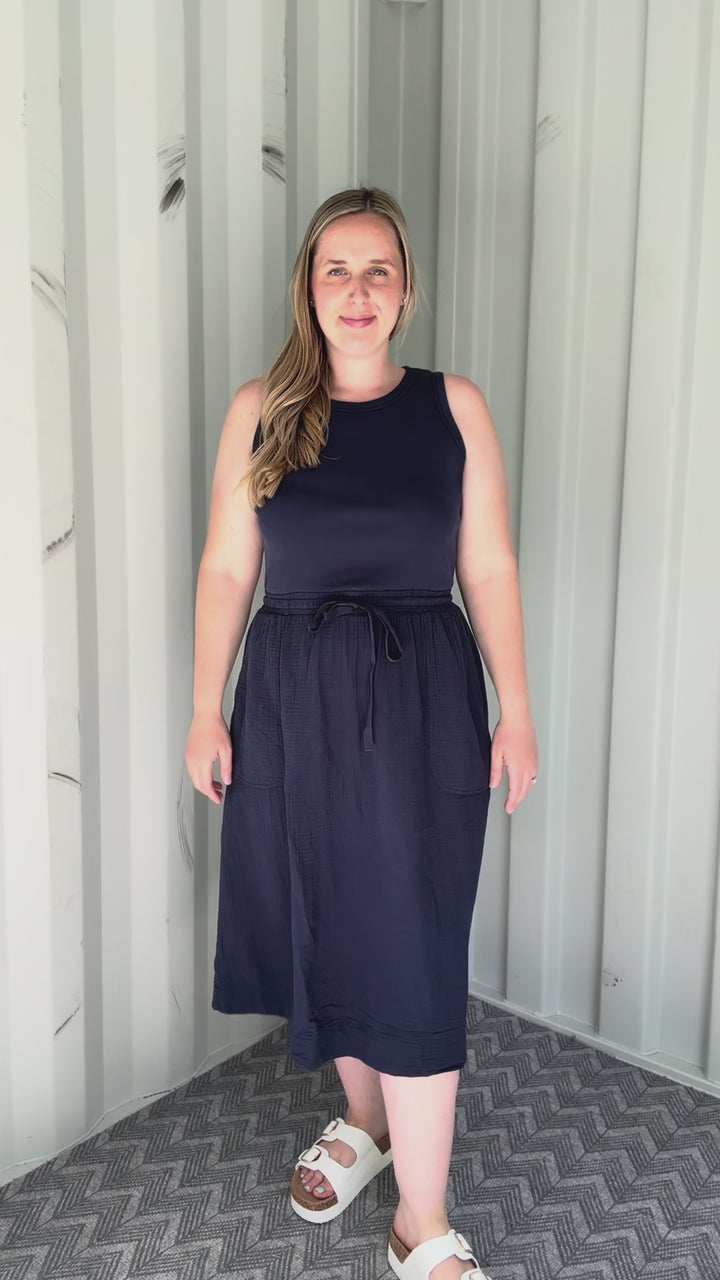 Ocean Bloom Cotton Tank Dress- NAVY