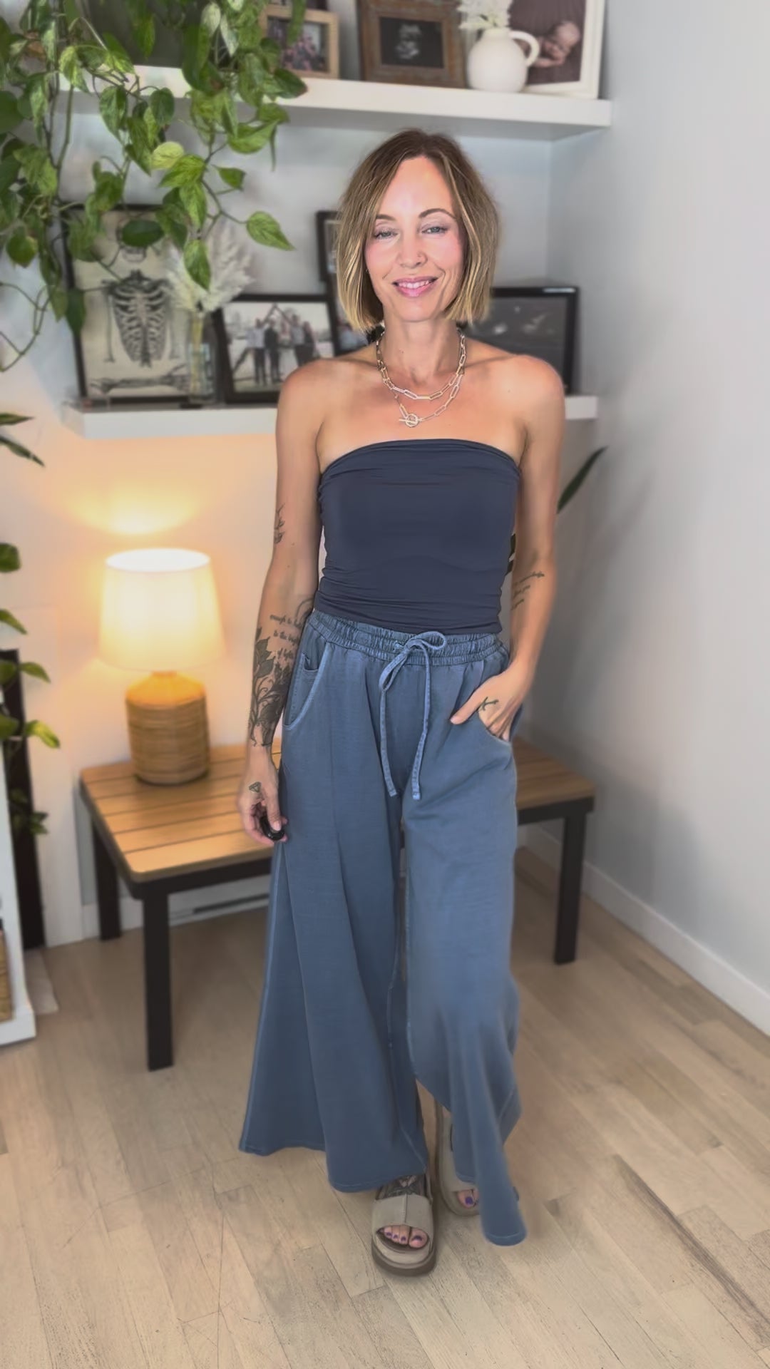 Solana Washed French Terry Wide Leg Pant- DUSTY BLUE
