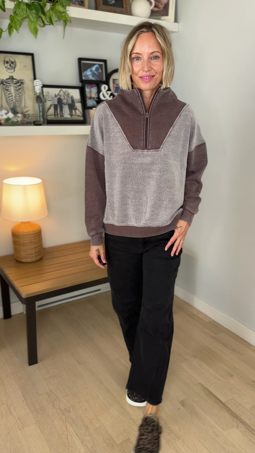 Jordana Mixed Fleece 1/4 Zip Sweatshirt- BROWN