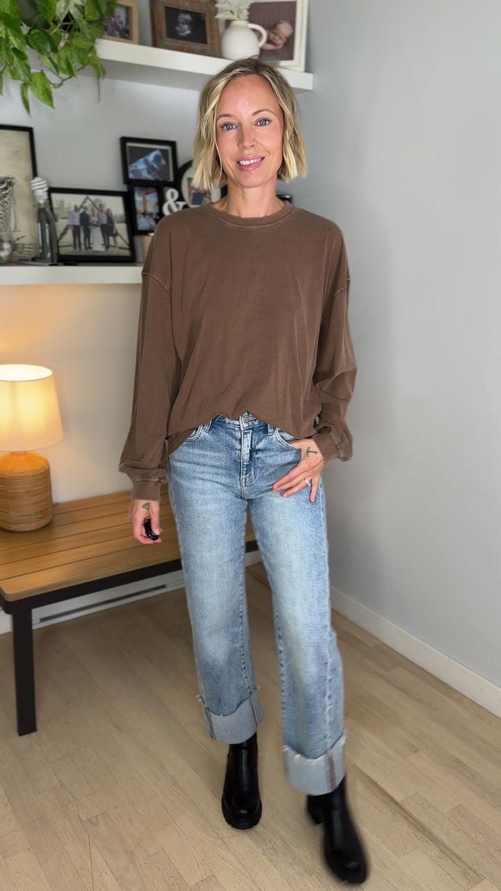Landyn Washed Cotton Crewneck Long Sleeve- BROWN