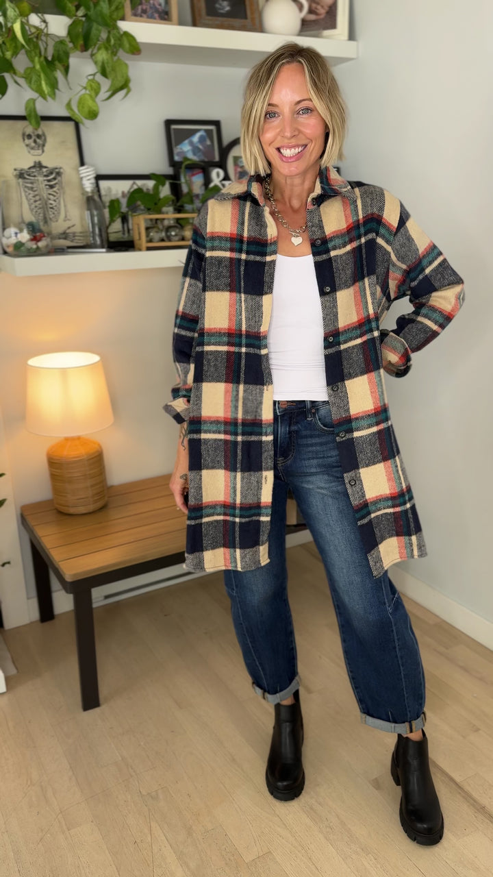 Renfrew Plaid Shacket- NAVY/TAUPE