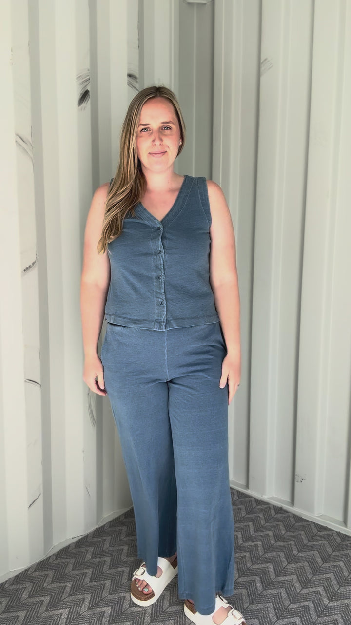Tara Wide Leg Pants & Vest Top Cotton Set- DARK DENIM