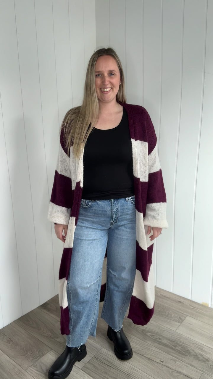 Emma Striped Long Knit Cardigan- BURGUNDY