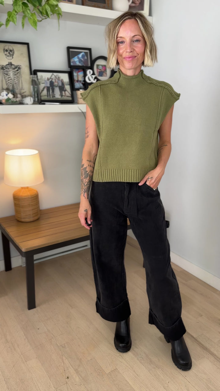 Maben Exposed Seam Mock Neck Sweater Top- DRY HERB
