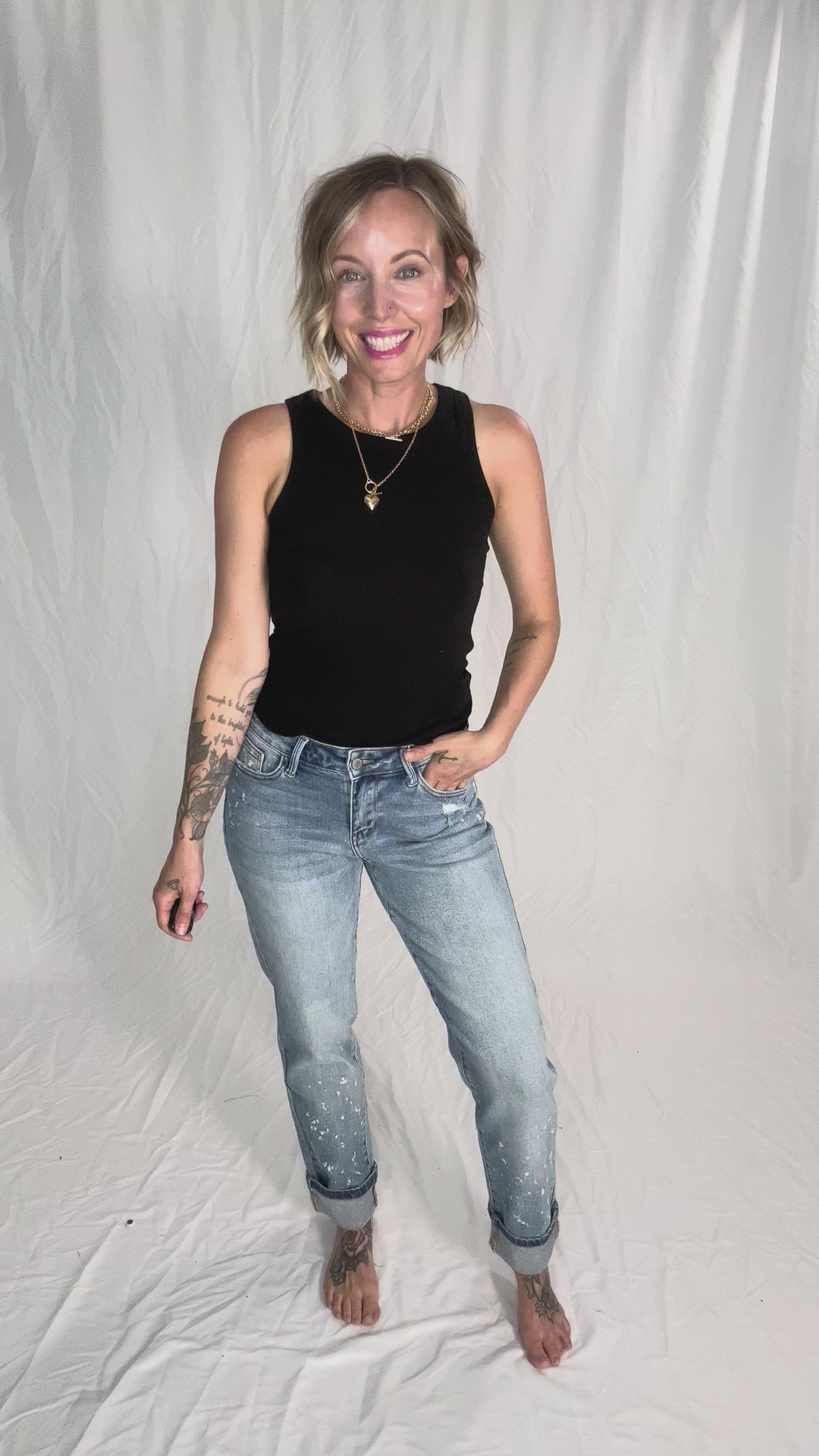 JUDY BLUE Clayton Bleach Splatter Single Cuff Boyfriend Jeans- MEDIUM WASH
