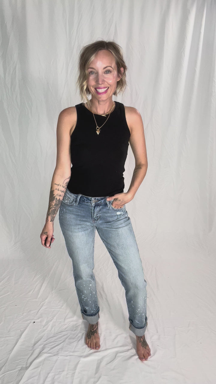JUDY BLUE Clayton Bleach Splatter Single Cuff Boyfriend Jeans- MEDIUM WASH