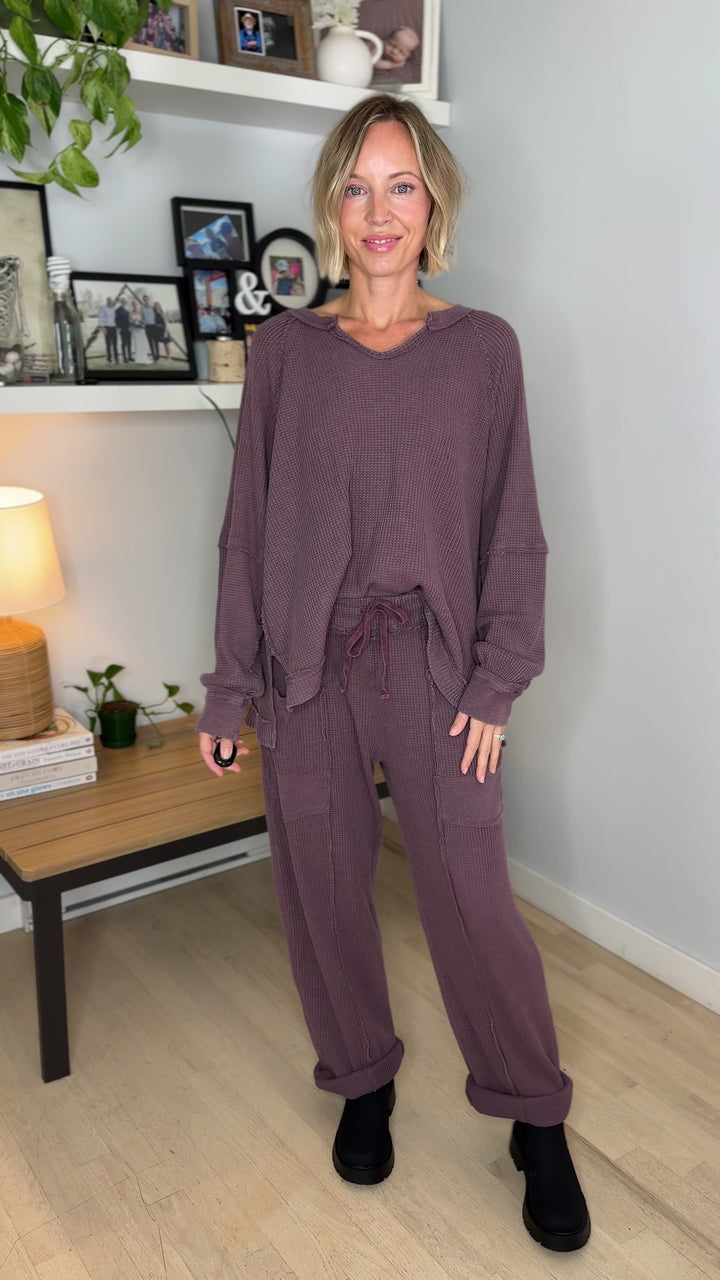 Jade Waffle Long Sleeve and Barrel Pant Set- DARK CHERRY
