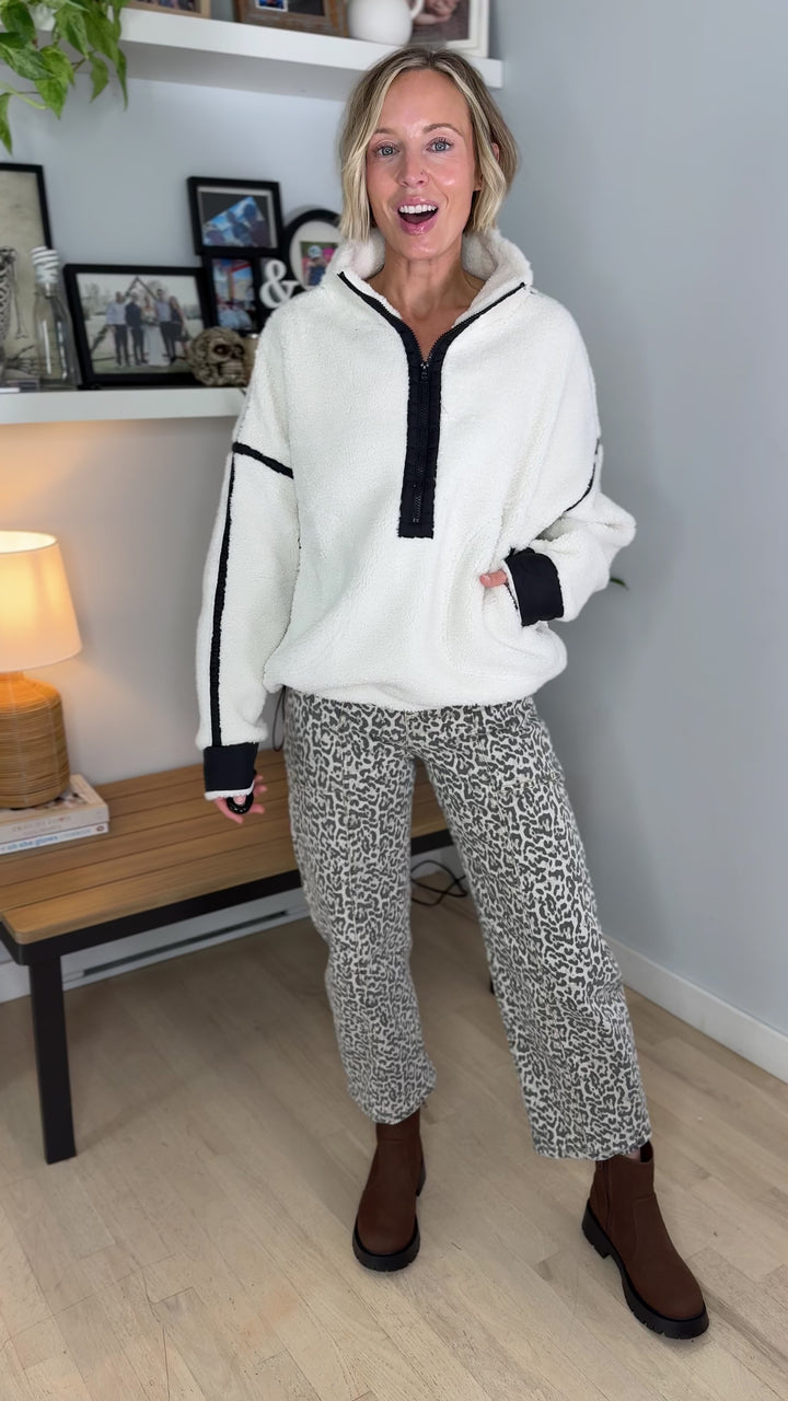 Marlow Fleece 1/2 Zip Pullover- IVORY/BLACK