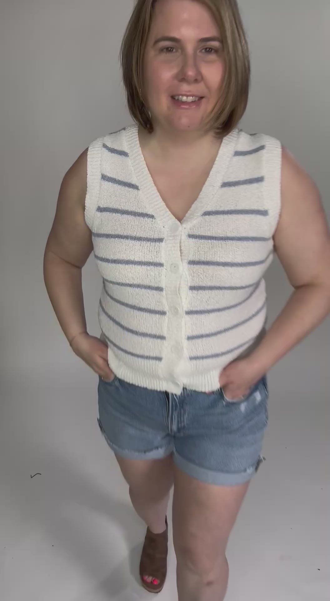 Elana Cozy Striped Button Up Sweater Vest- SLATE BLUE-FINAL SALE