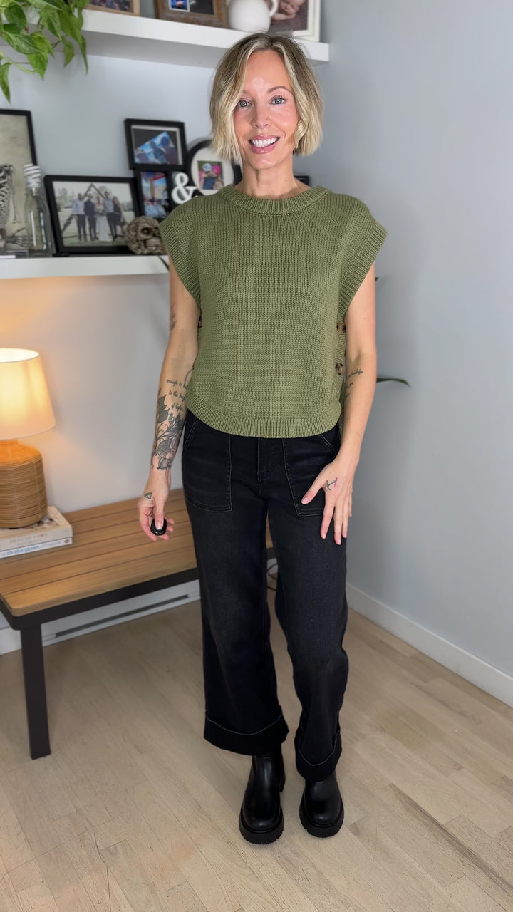 Athena Side Button Sweater Top- OLIVE