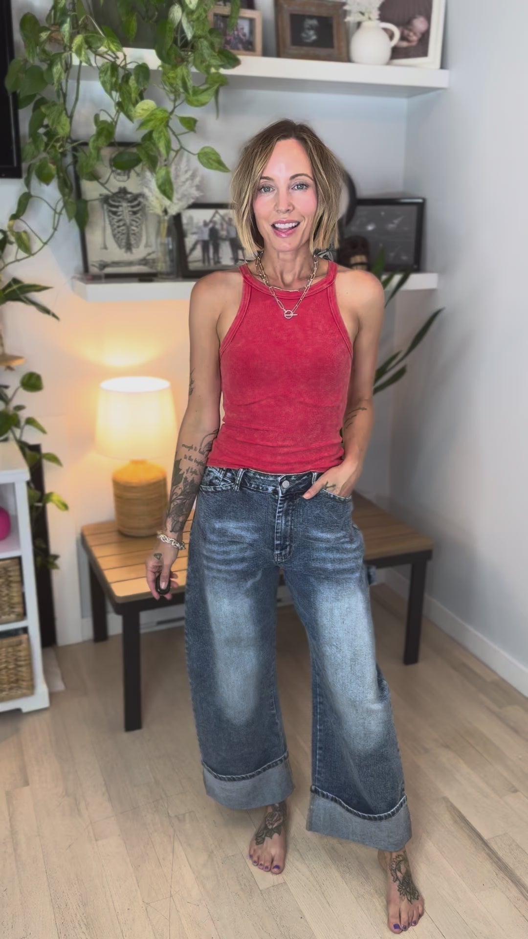 Navy Stretch Denim Cuffed Barrel Jean