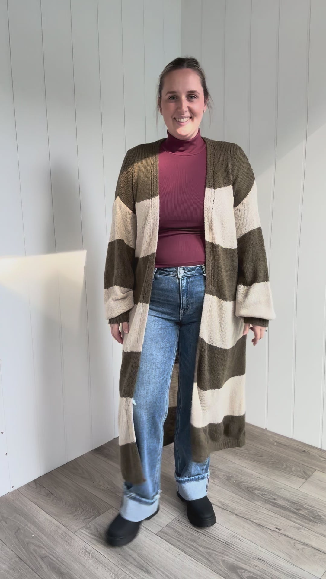 Emma Striped Long Knit Cardigan- OLIVE