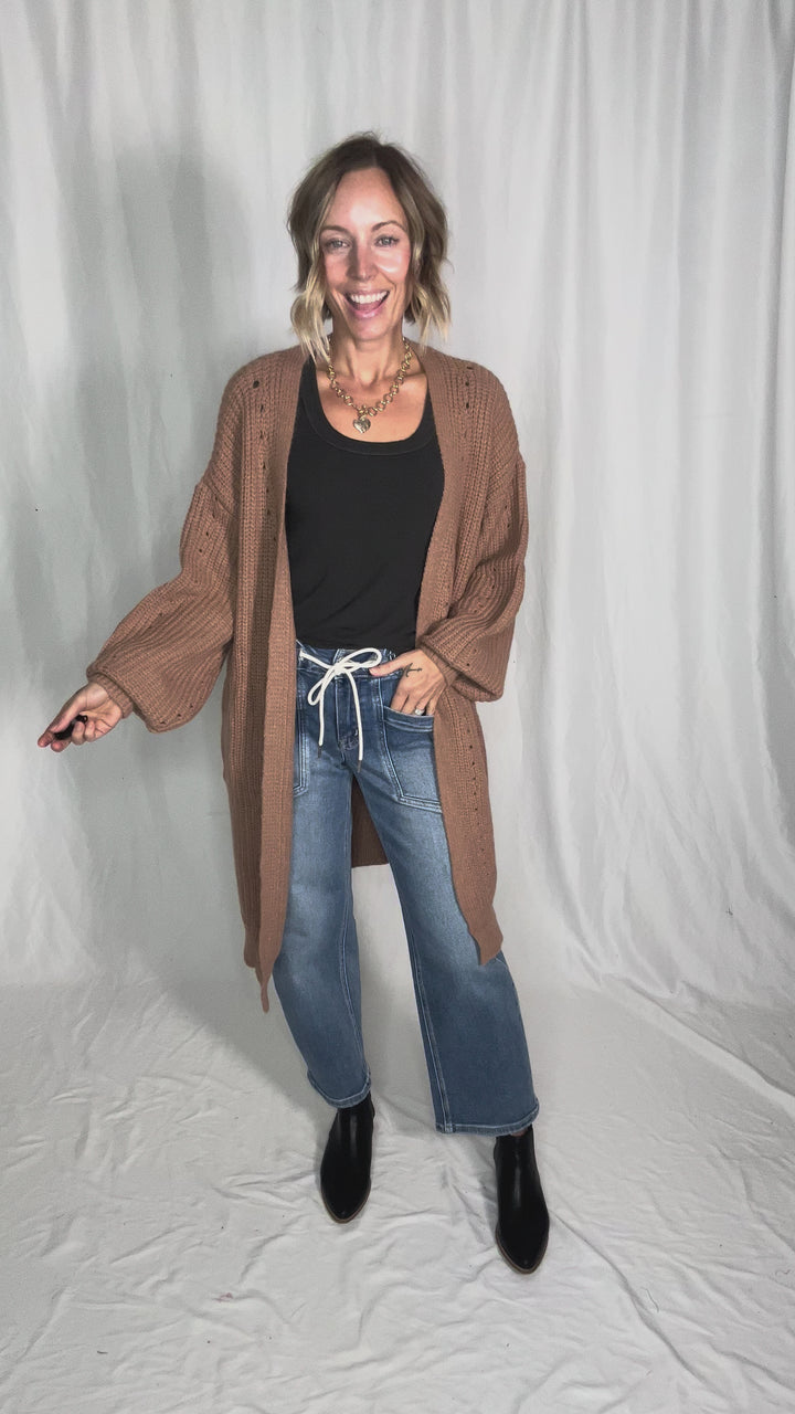 Myah Waffle Duster Cardigan- CHESTNUT