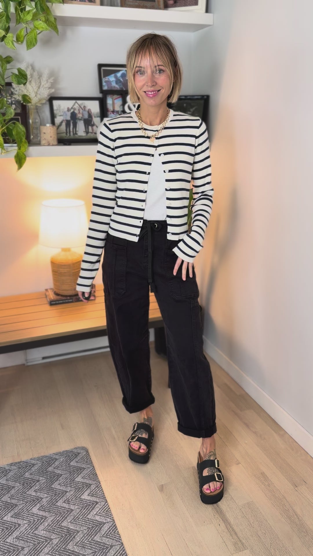 Victoria Stripe Button Down Sweater- NAVY