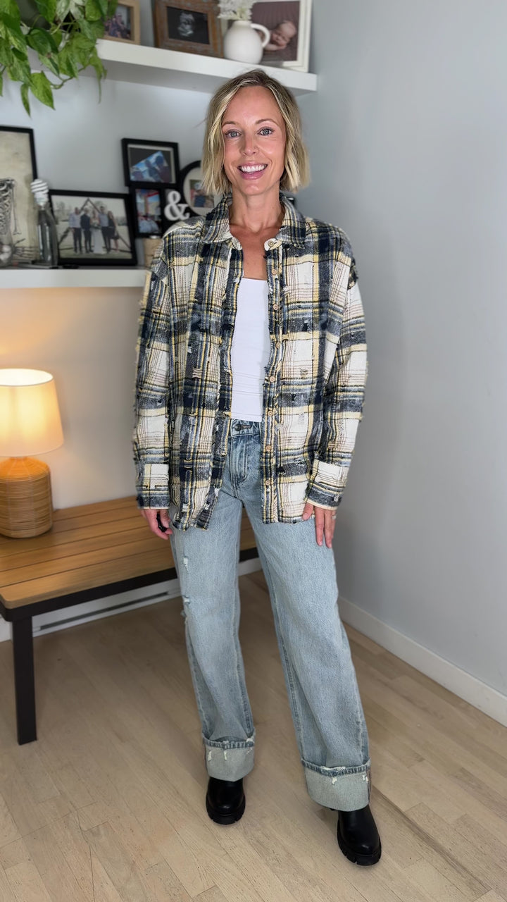 Harvest Moon Distressed Button Down Shacket- NAVY MULTI