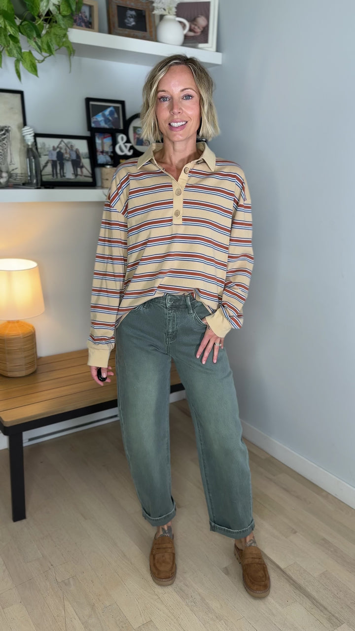 Crosby Polo Striped Long Sleeve- OATMEAL
