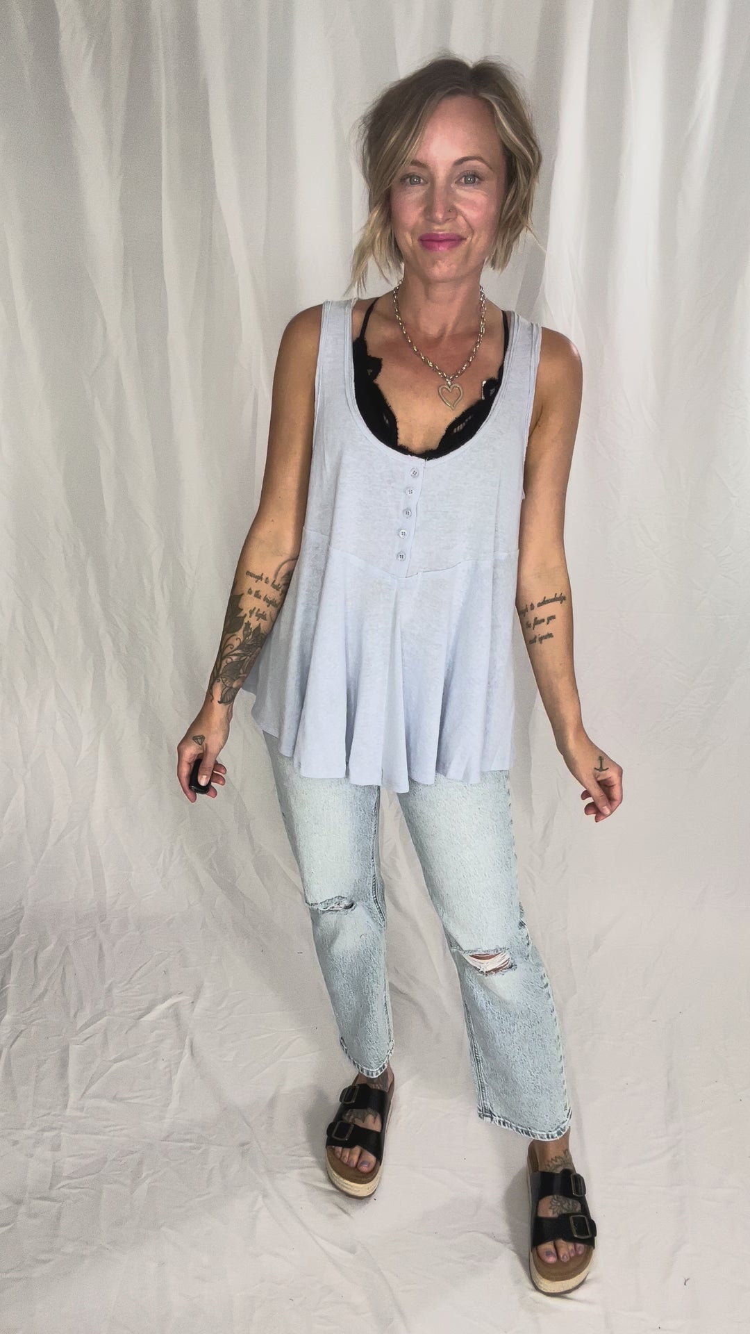 Jocelyn Swing Knit Tank Top With Raw Edge Detail- LIGHT BLUE-FINAL SALE
