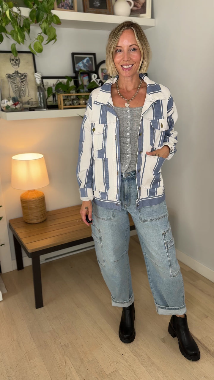 Jessie Vintage Striped Denim Jacket- LIGHT DENIM