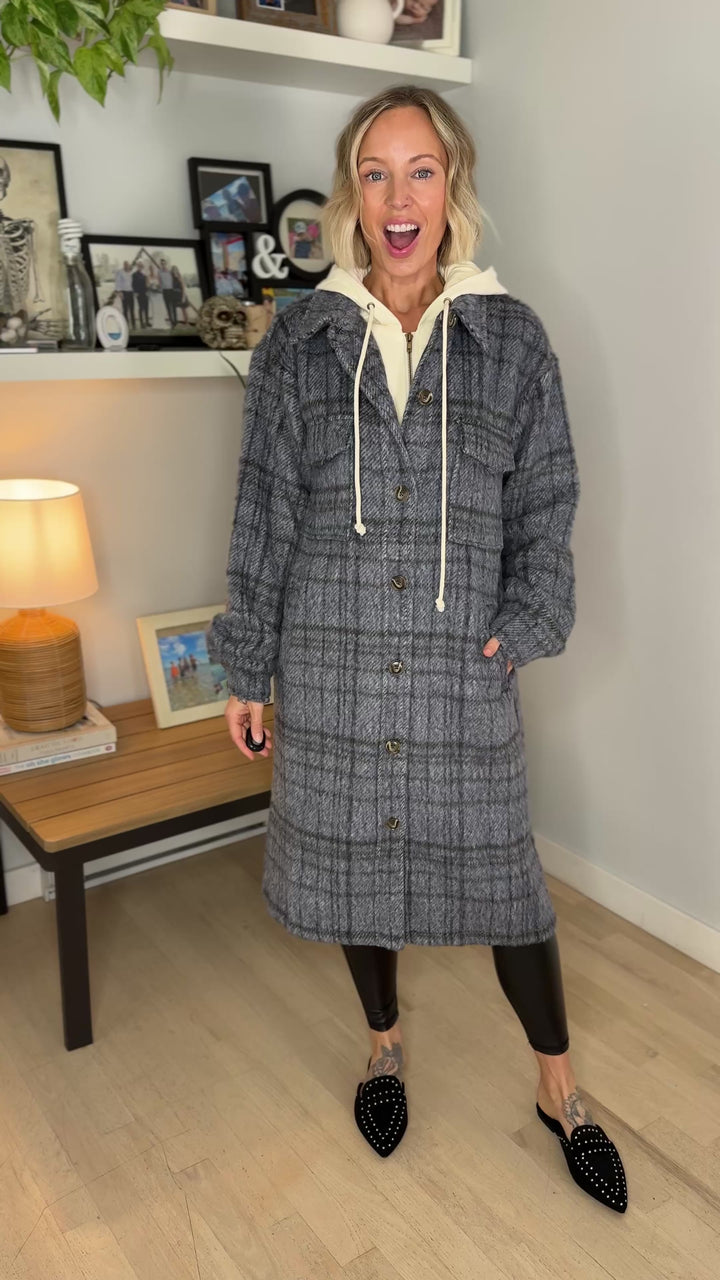 Glinda Twofer Hoodie Plaid Jacket- CHARCOAL BLUE COMBO
