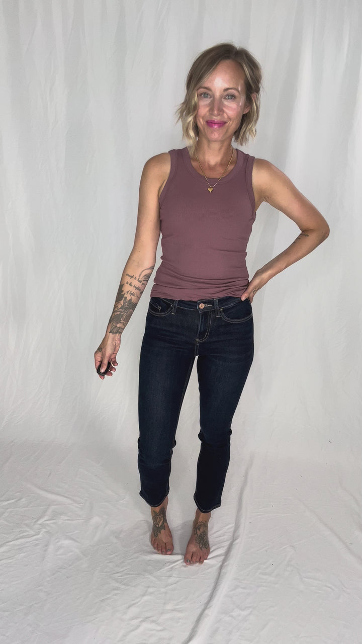 VERVET Roxy High Rise Ankle Slim Straight Leg- DARK WASH
