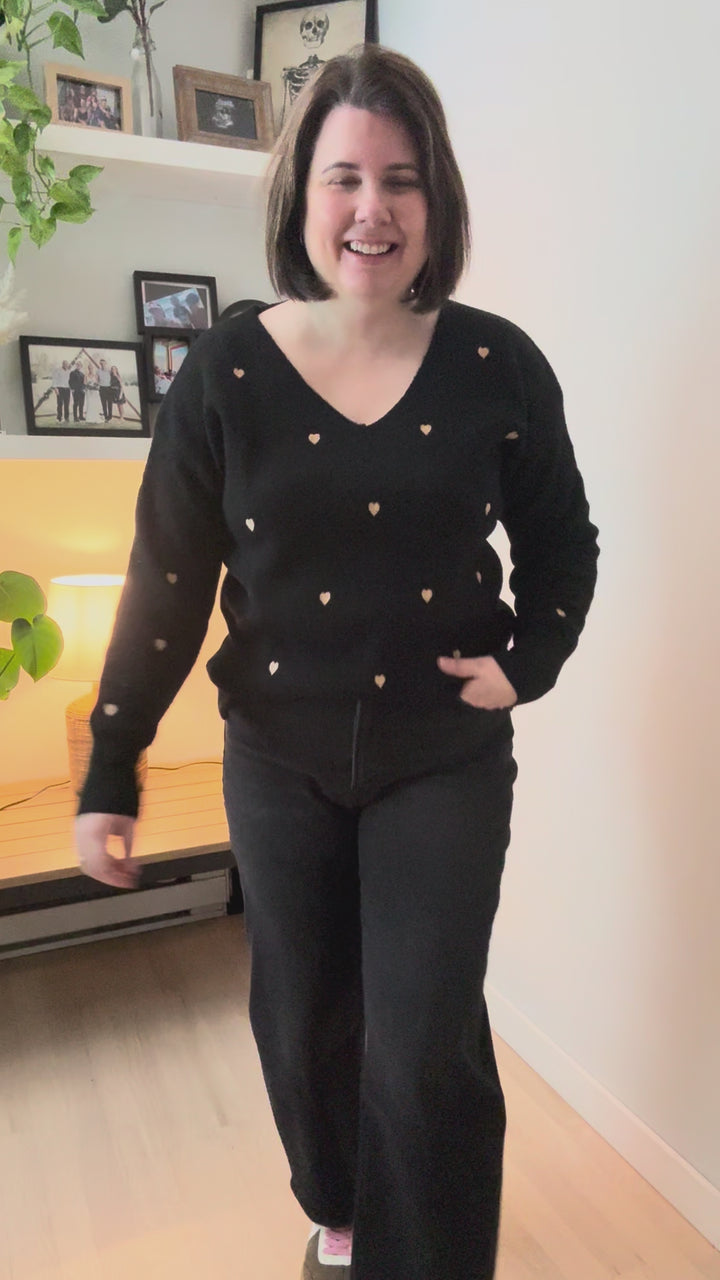 Lovely Embroidered Heart Sweater- BLACK