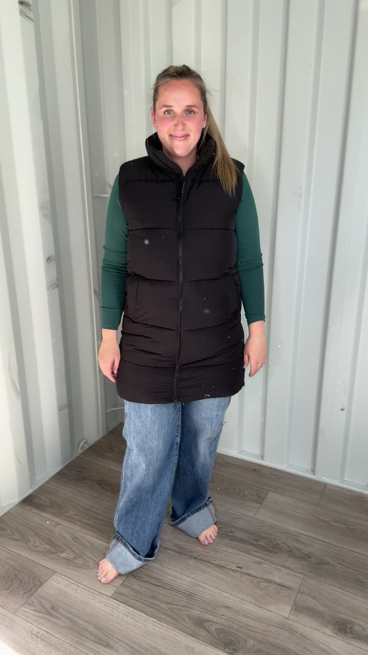 NOISY MAY Rosy Long Puffer Vest- BLACK