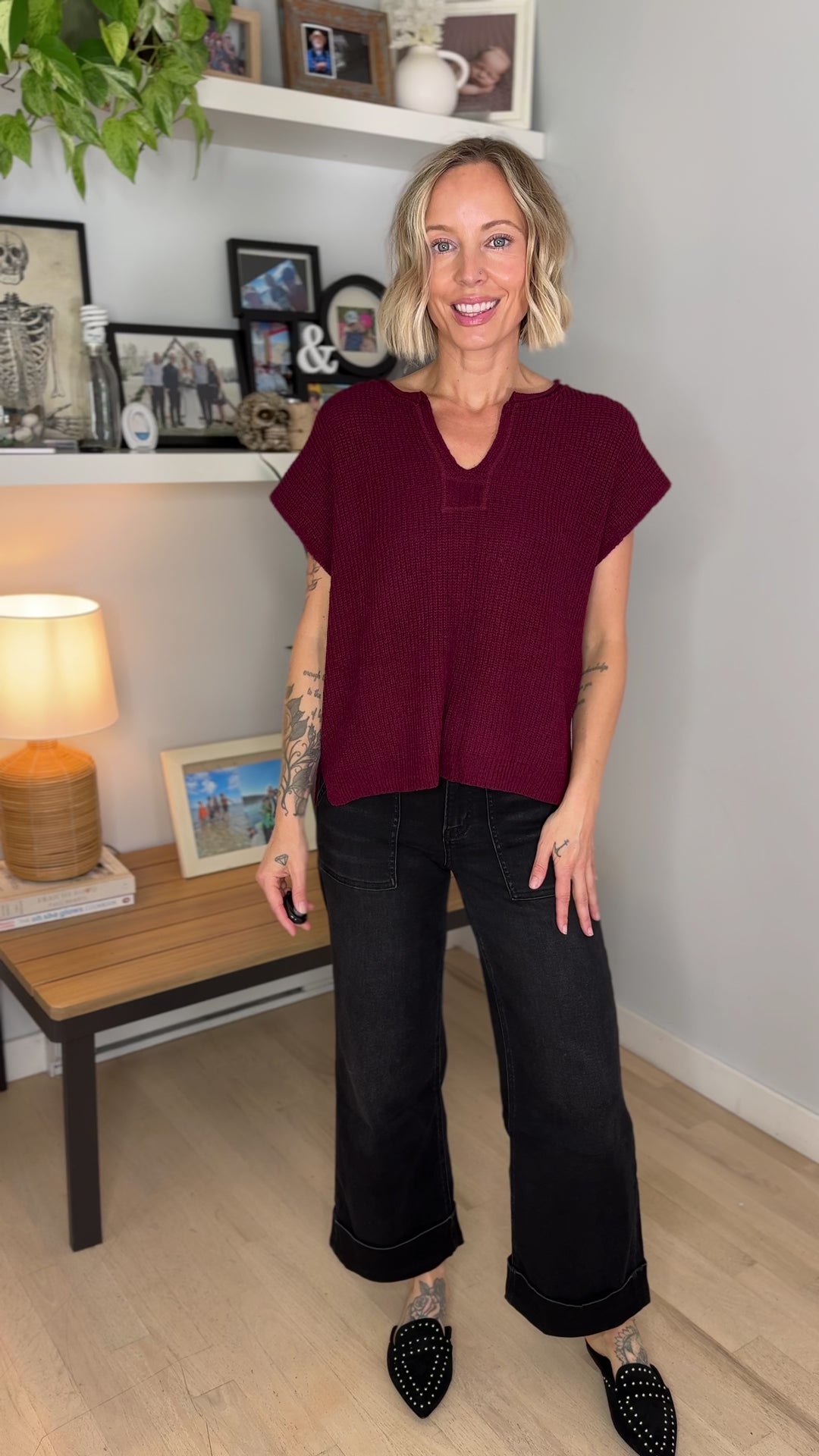 Larkin Split-Neck Sleeveless Knit Top- WINE
