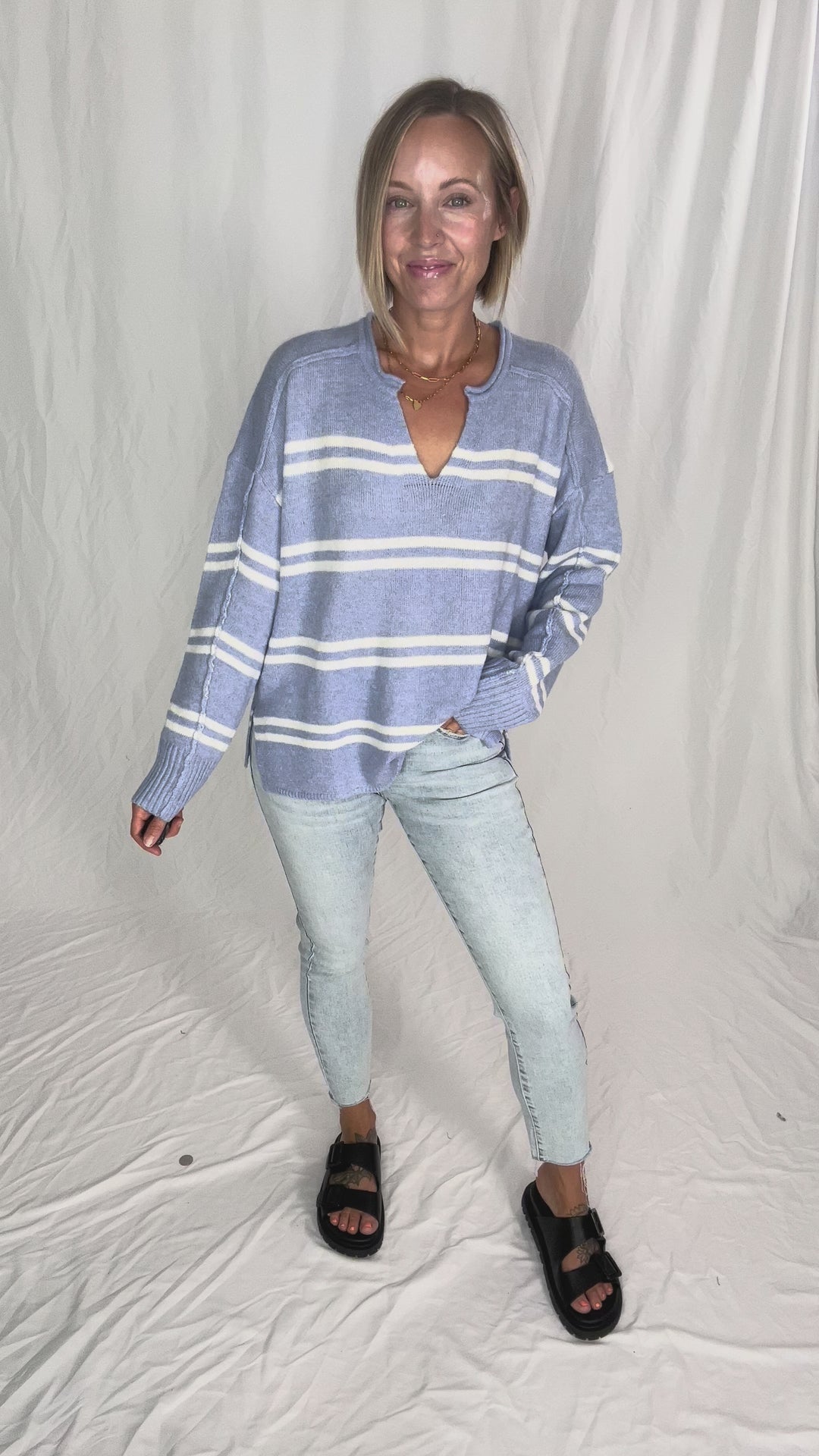 Kailey Notch Neck Striped Knit Sweater- PERI BLUE