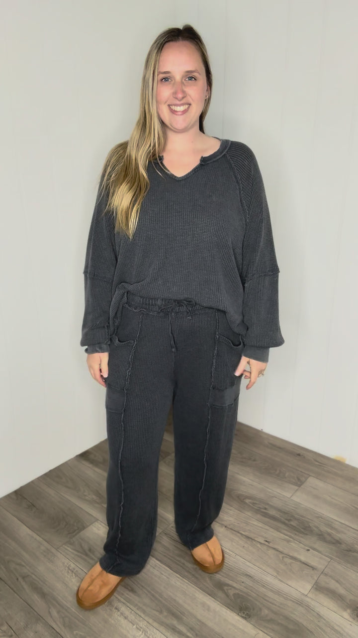 Jade Waffle Long Sleeve and Barrel Pant Set- BLACK