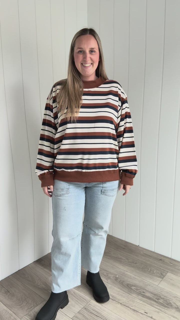 Elodie Oversized French Terry Striped Sweatshirt- CAMEL/NAVY/CREAM