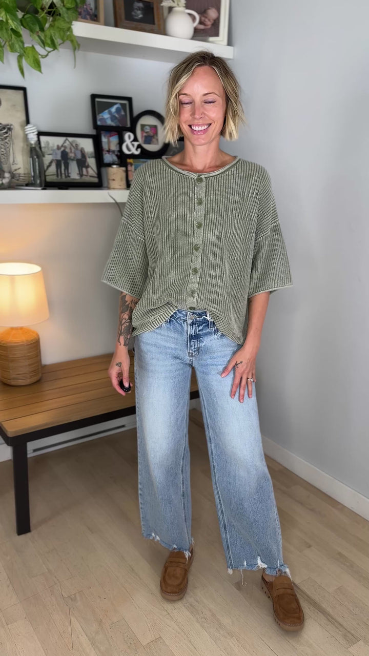 Vesper Washed Cotton Rolled Edge Cardigan- LIGHT OLIVE