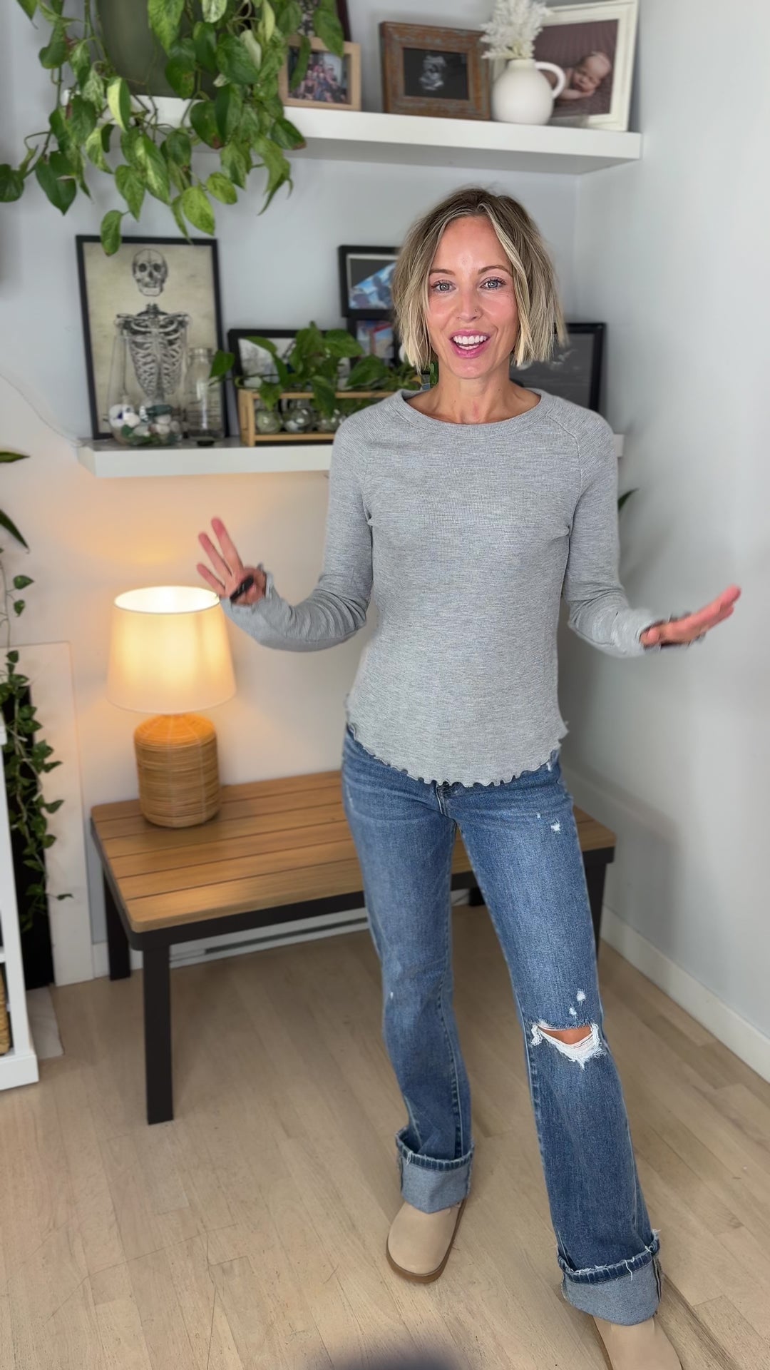 Harrison Thermal Knit Lettuce Edge Long Sleeve- HEATHER GREY