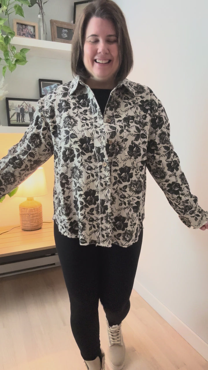 Rosette Vintage Rose Twill Shacket- GREY/BLACK