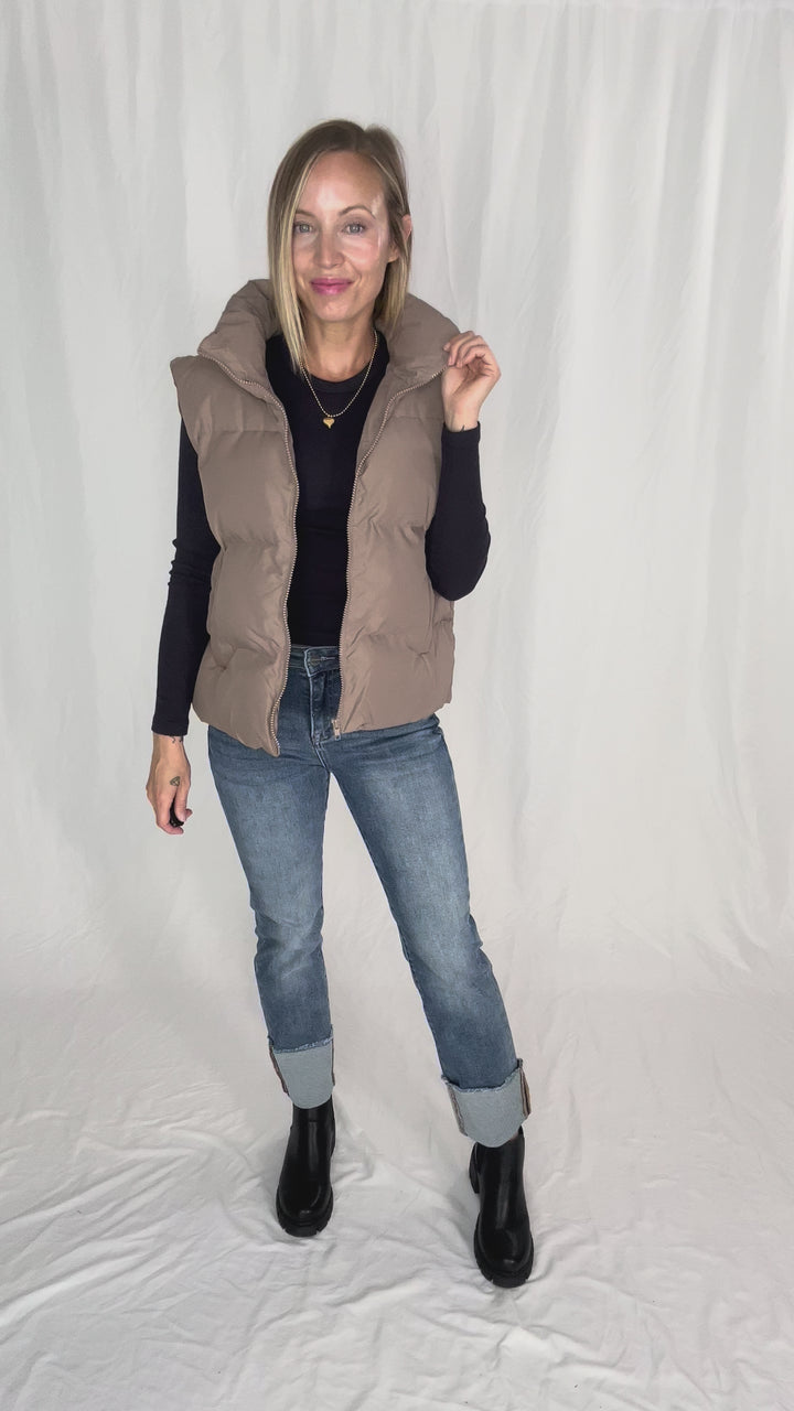 Falling For You Puffer Vest- TAUPE GREY