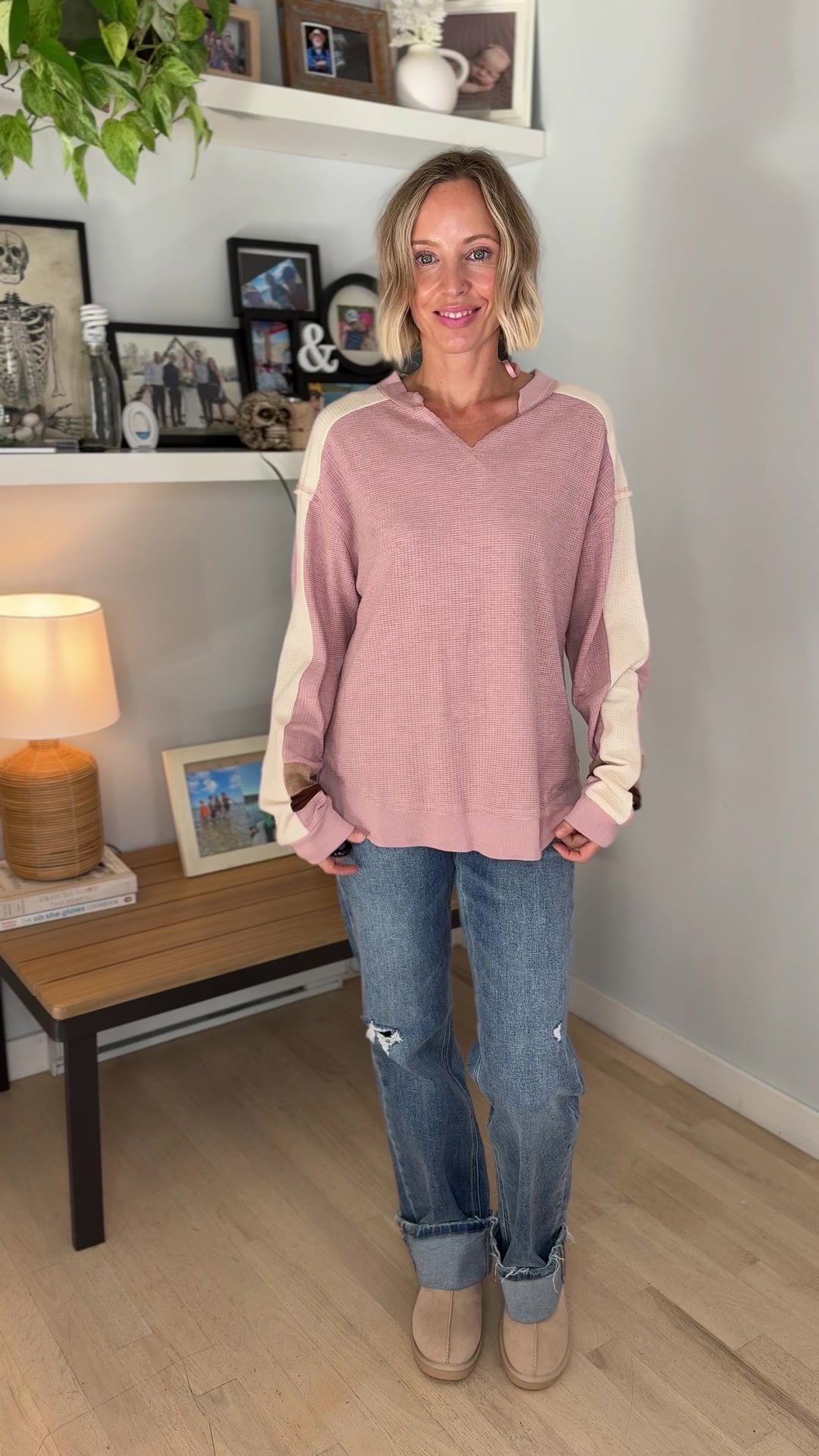 Elara Oversized Waffle Long Sleeve Pullover- BLUSH