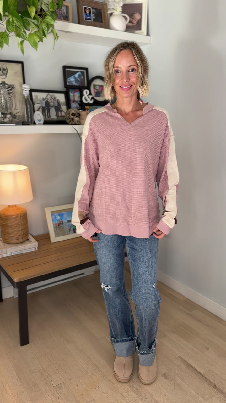 Elara Oversized Waffle Long Sleeve Pullover- BLUSH