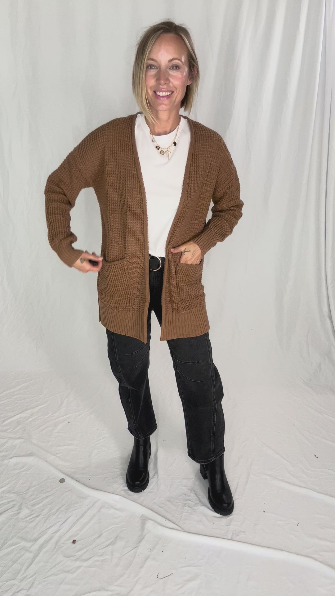 Marley Waffle Cardigan- DEEP CAMEL