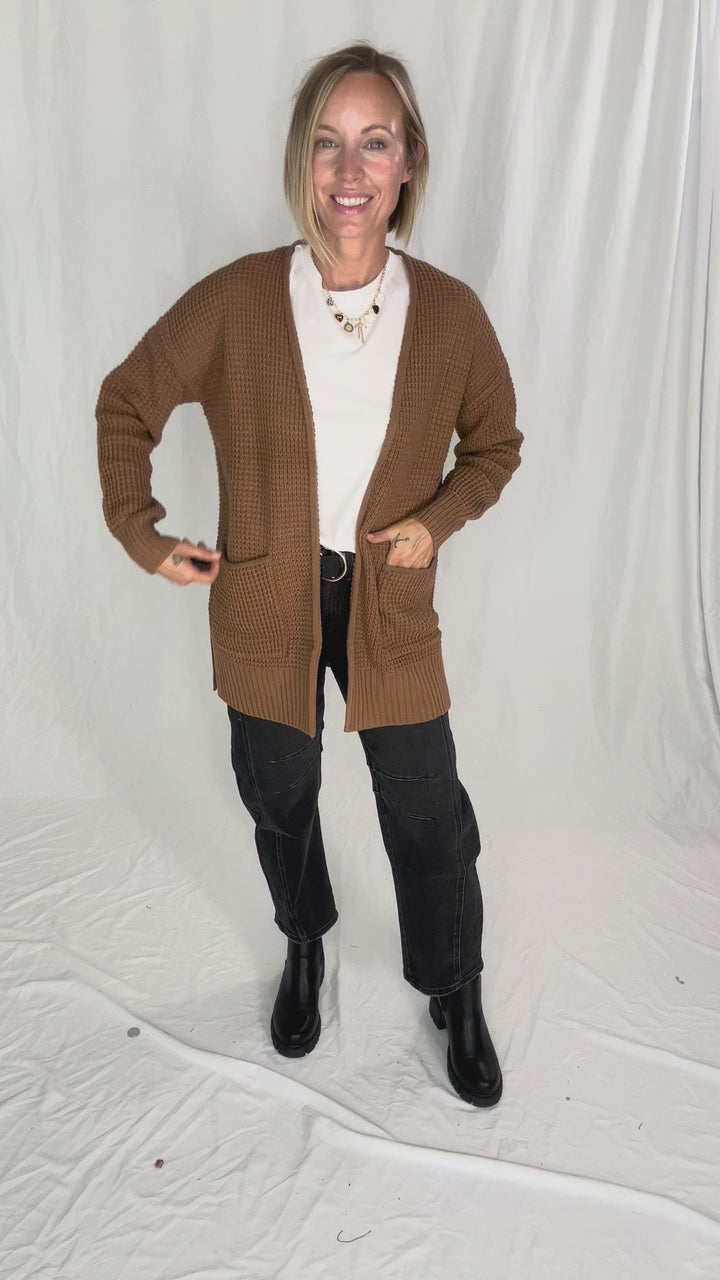 Marley Waffle Cardigan- DEEP CAMEL