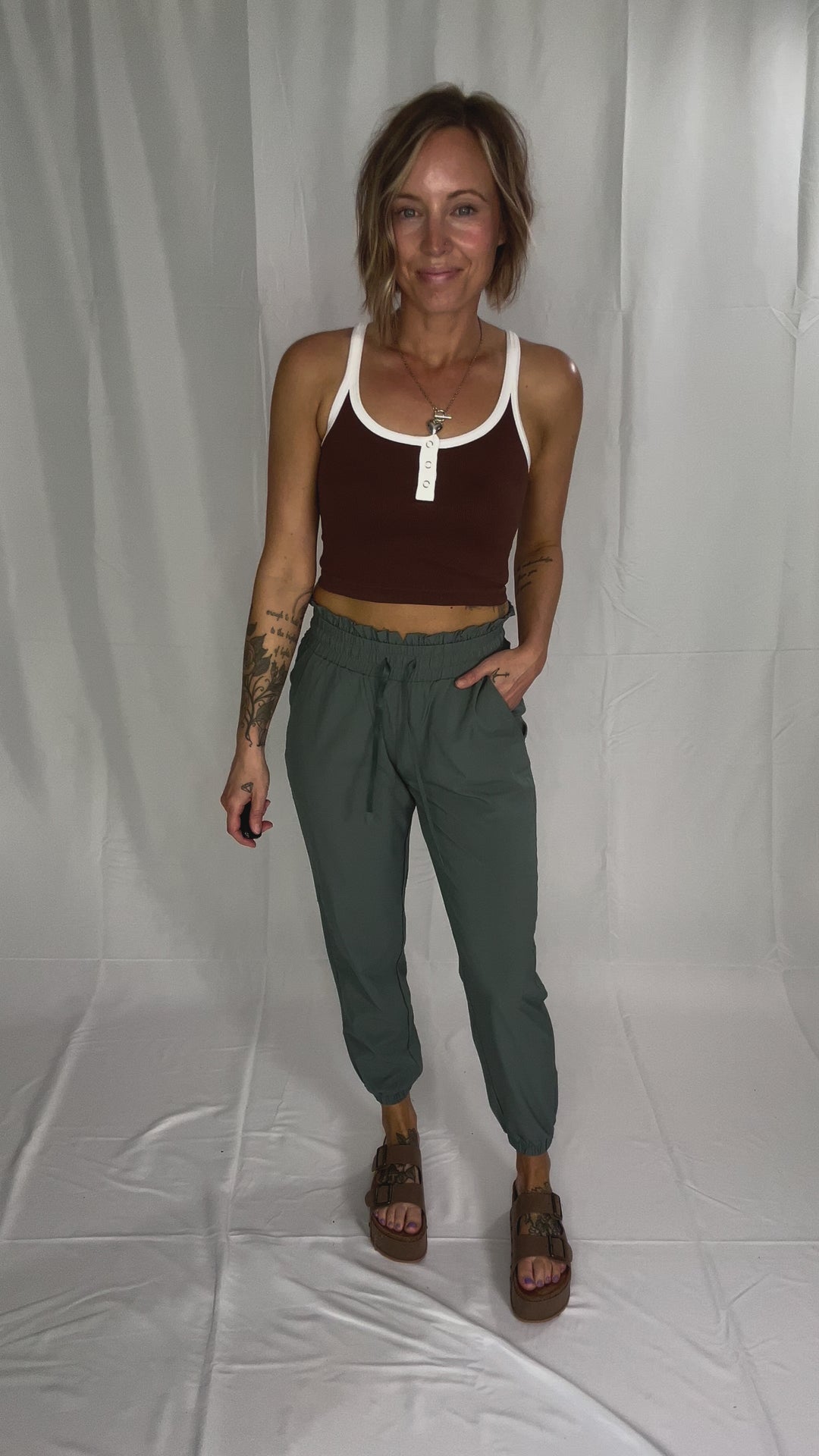 Thea Front Snap Button Contrast Top- BROWN-FINAL SALE