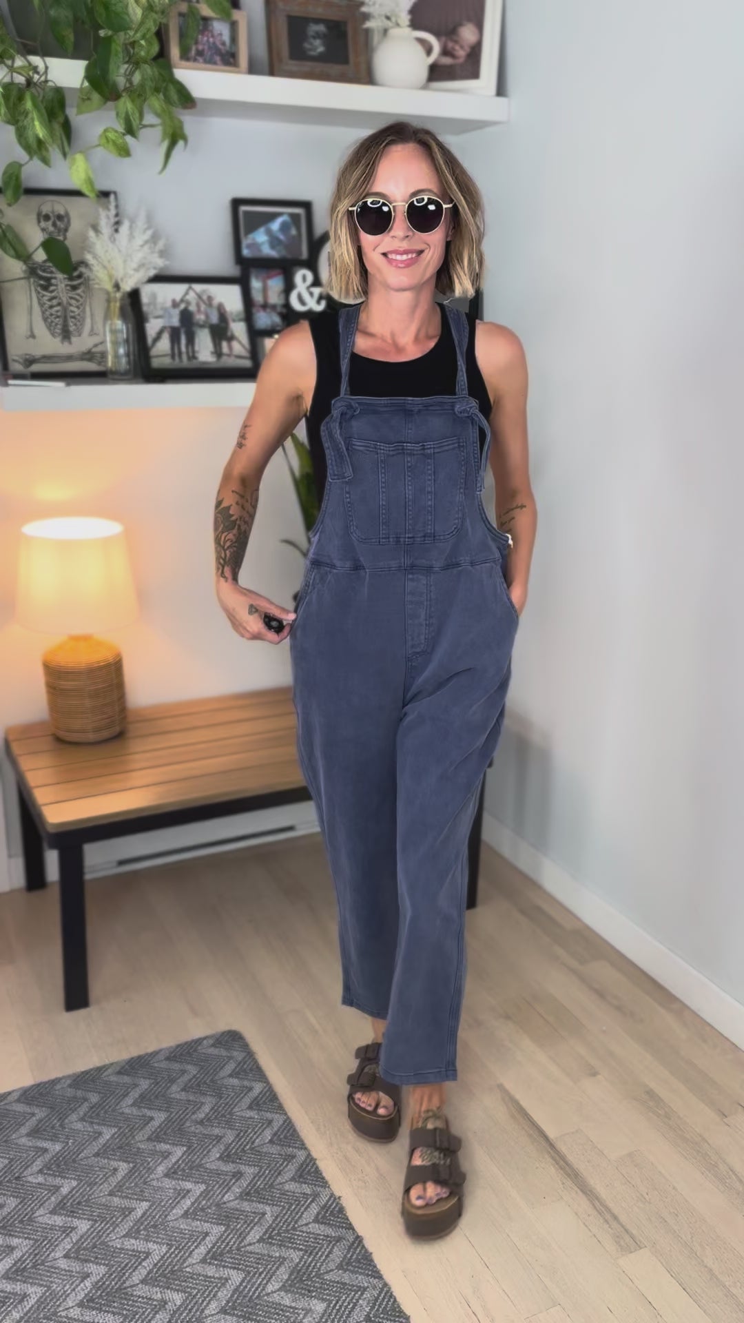 Story Washed Knot Strap Relaxed Fit Overalls- BLACKBERRY