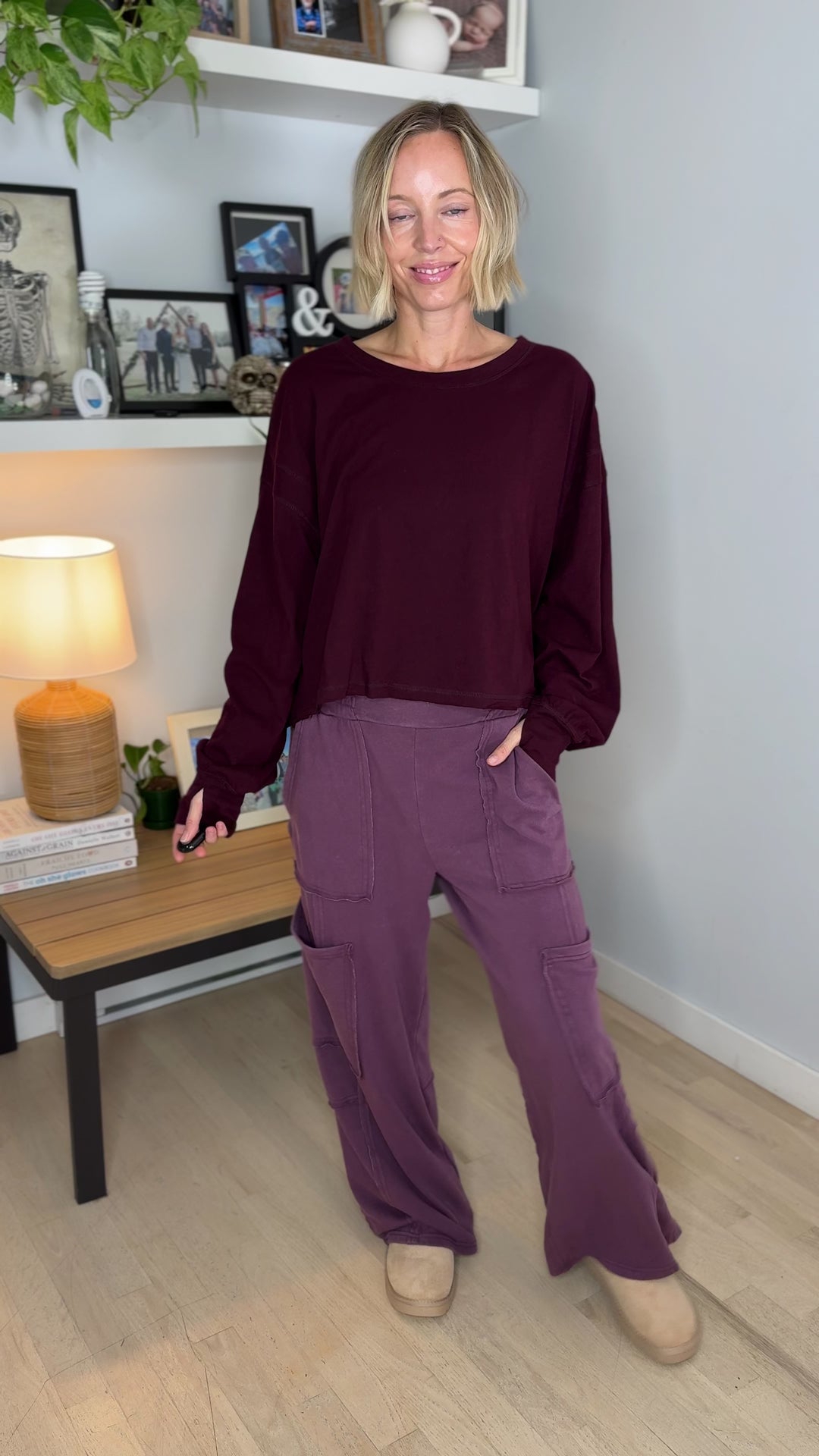Tilley Cotton Slub Open Back Long Sleeve- DARK CHERRY