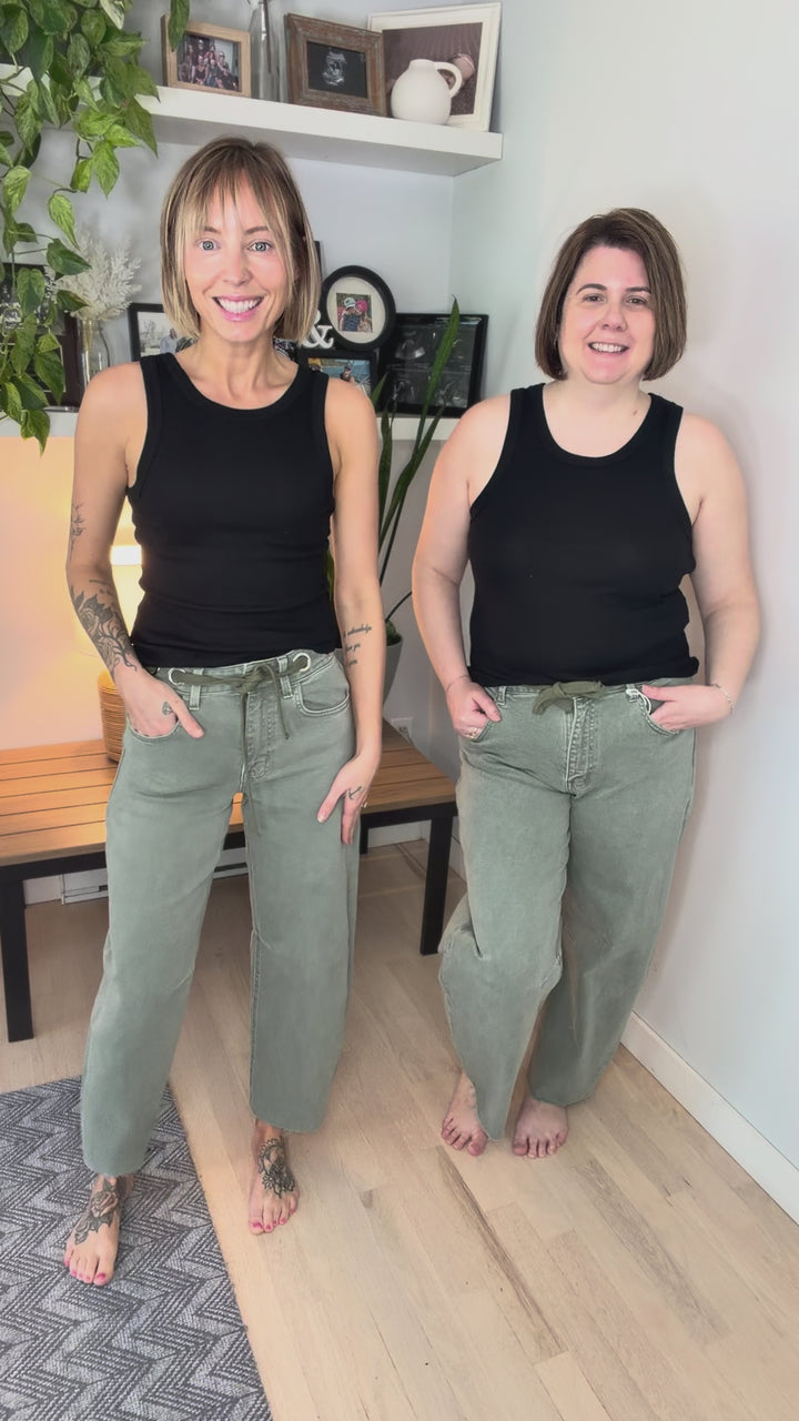 Vervet Romy High Rise Tie Waist Barrel Jeans- OLIVE
