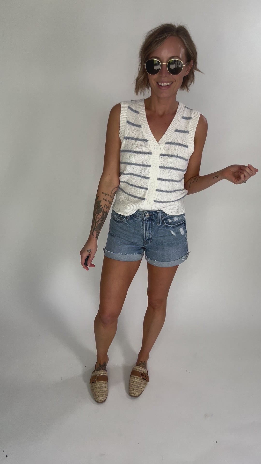 Elana Cozy Striped Button Up Sweater Vest- SLATE BLUE-FINAL SALE
