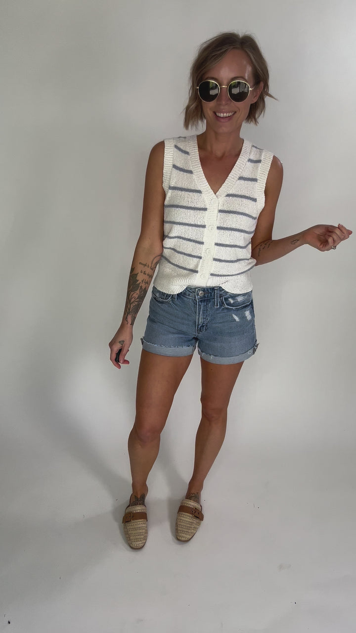 Elana Cozy Striped Button Up Sweater Vest- SLATE BLUE-FINAL SALE