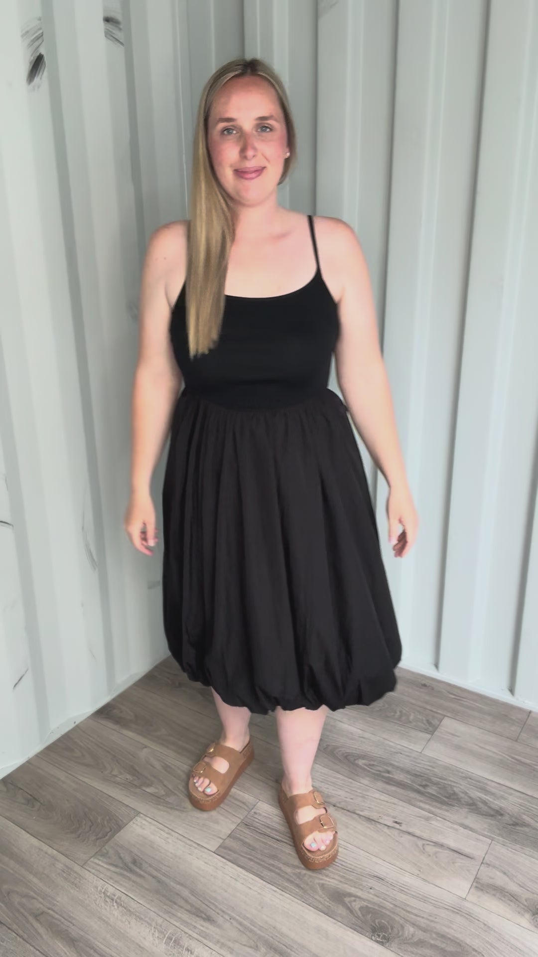 Rynlee Spaghetti Strap Bubble Midi Dress- BLACK