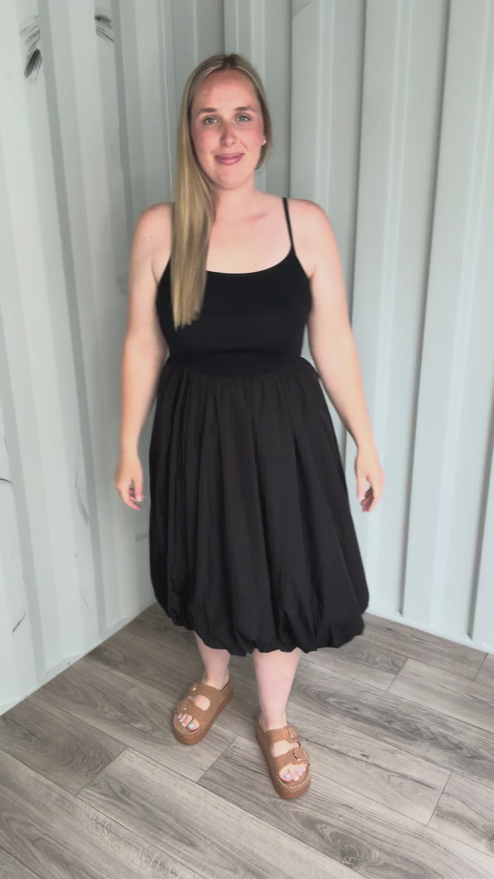 Rynlee Spaghetti Strap Bubble Midi Dress- BLACK