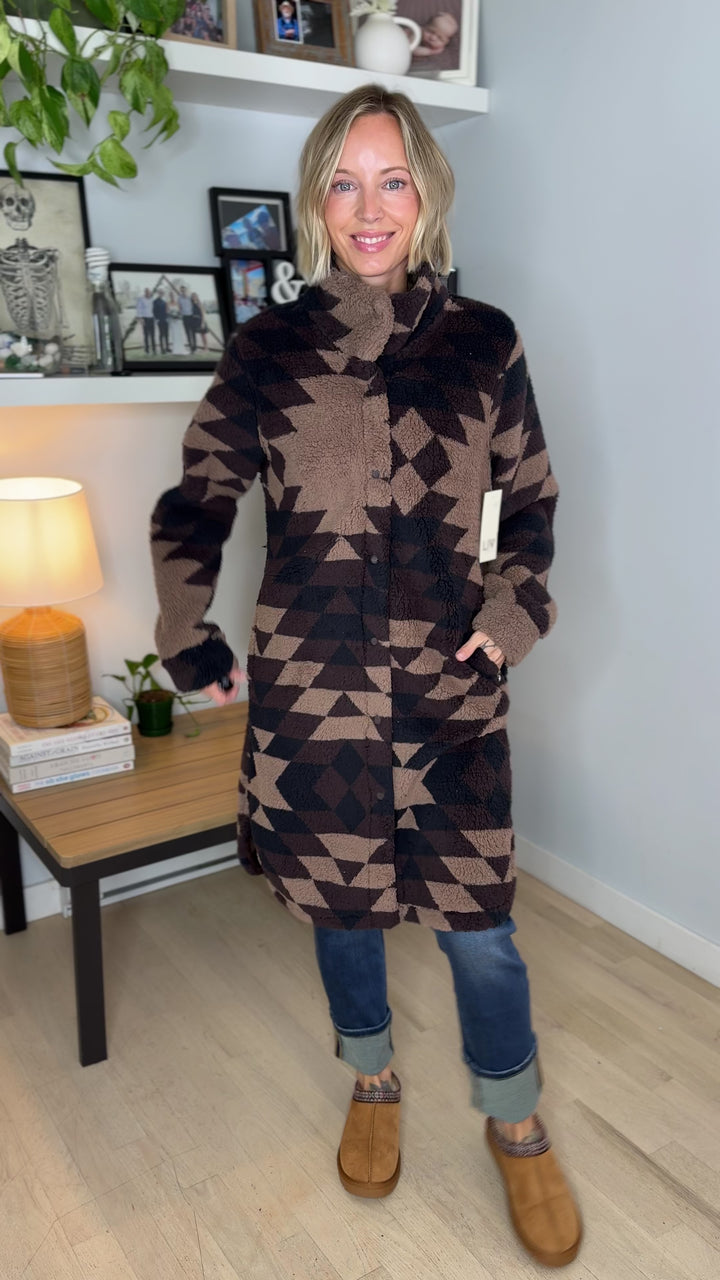 Ainsley Longline Sherpa Jacket- COFFEE BEAN